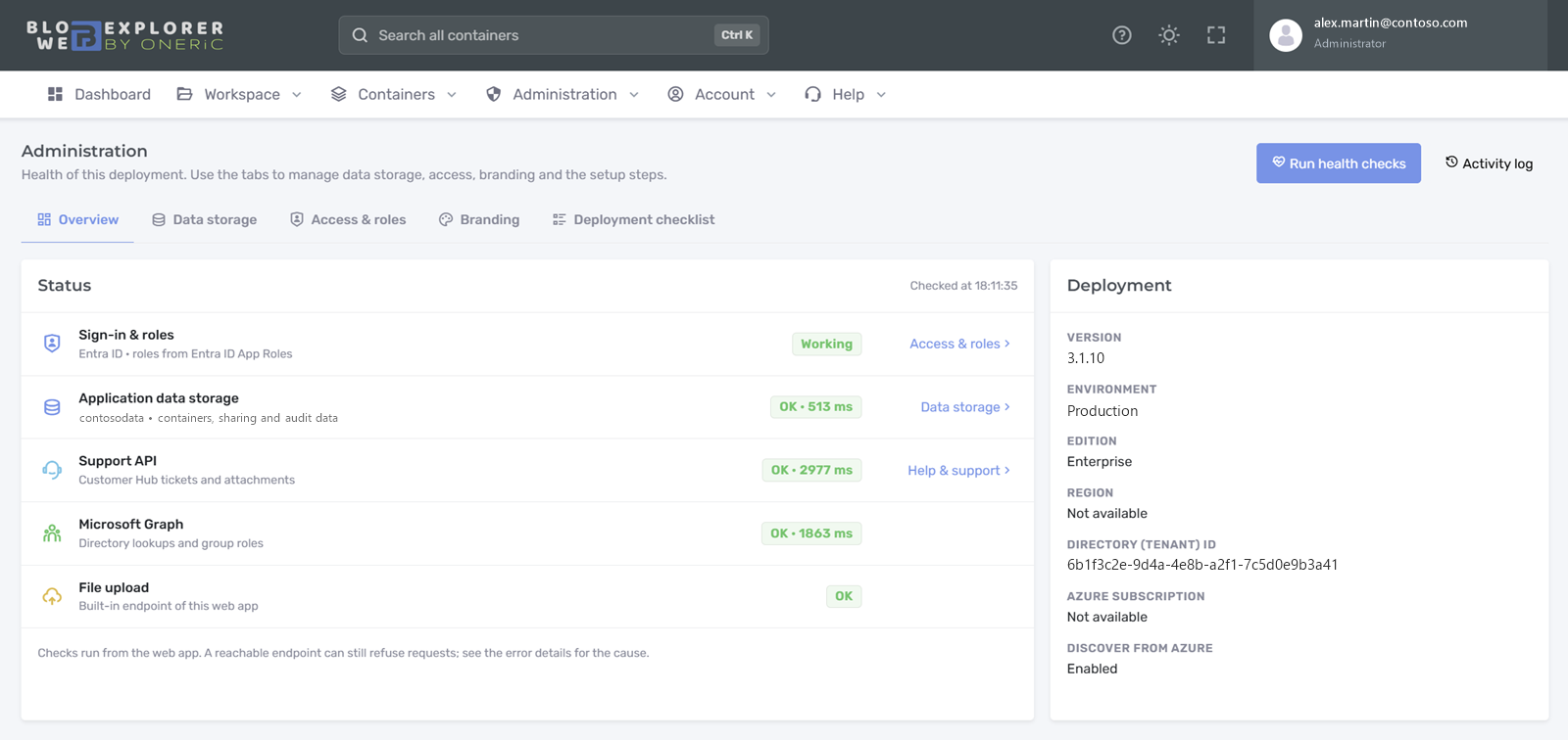 Administration overview with sign-in and roles, data storage and health checks