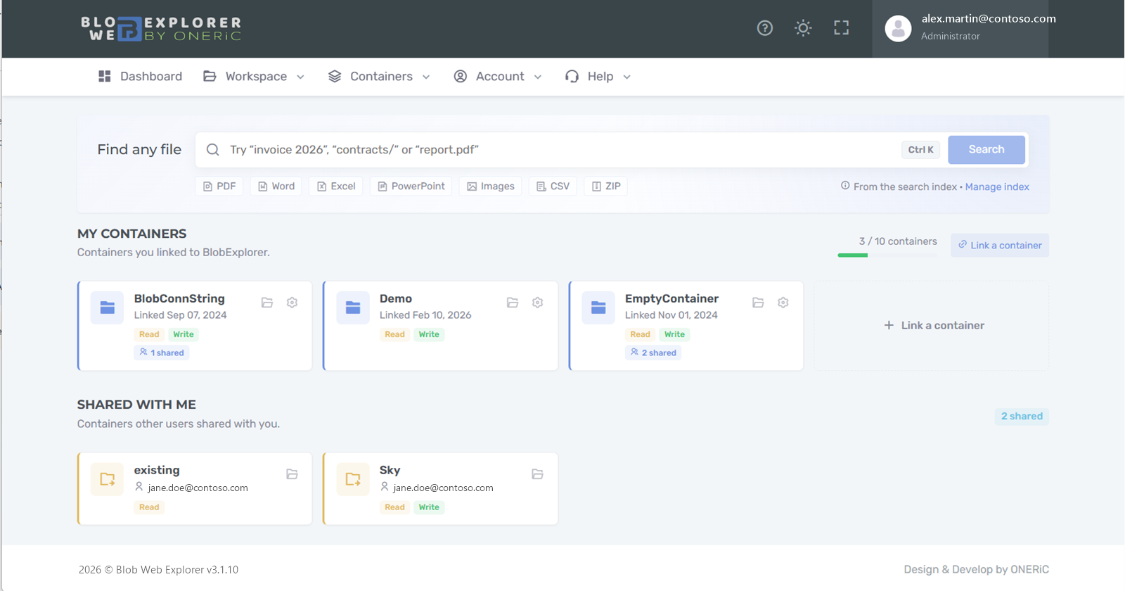 Dashboard with Find any file, owned containers and containers shared with you