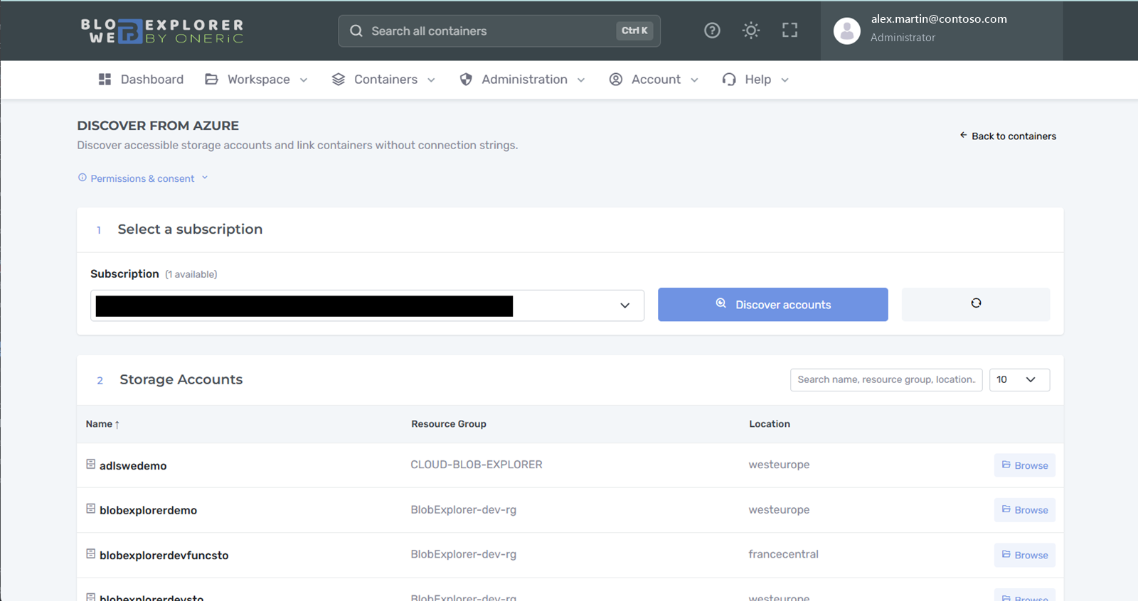 Discover from Azure: select a subscription and browse storage accounts