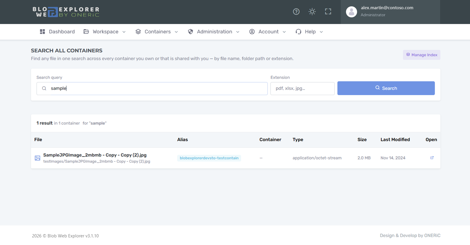 Search all containers with a result showing file, container, type, size and date