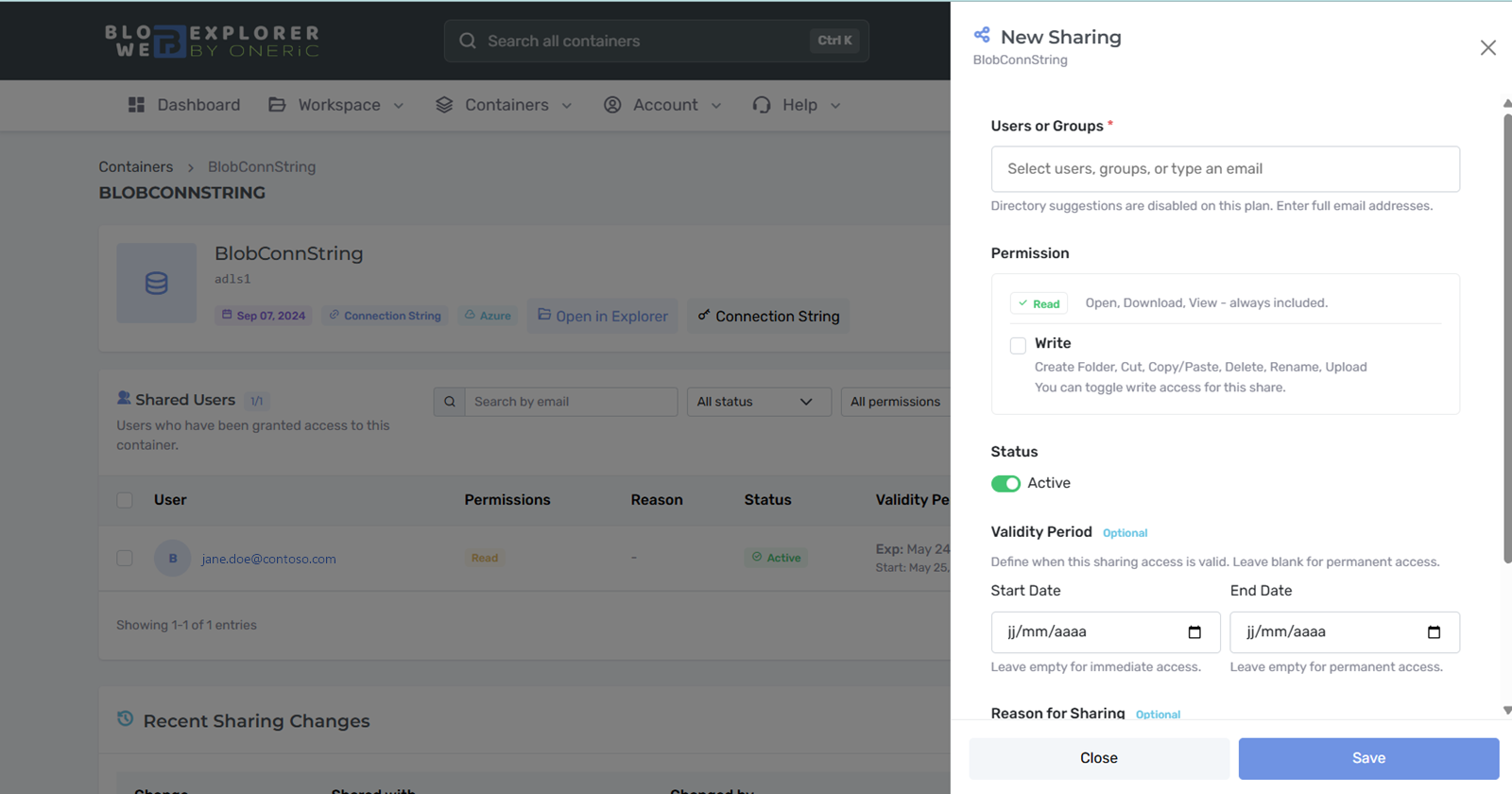 Sharing a container with Read or Write access and a validity period